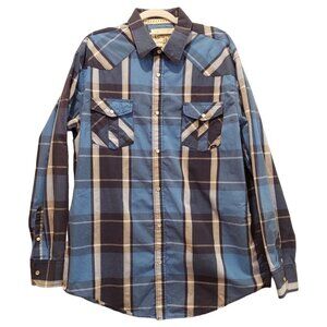 Coastal Western Cut Shirt Mens XL Blue Gray Plaid Pearl Snap Cowboy Rodeo pocket